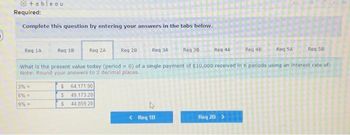 +ableau
Required:
Complete this question by entering your answers in the tabs below.
Reg 1A
Req 18
3% =
6% =
9%-
S
64.171.90
S 49 173 20
$ 44,859 20
Req 4A
< Req 18
Req 2A. Req 28
Req 3A Req 3B
What is the present value today (period= 0) of a single payment of $10,000 received in 6 periods using an interest rate of:
Note: Round your answers to 2 decimal places.
Reg 4B
Req 28 >
Req 5A
Req 58