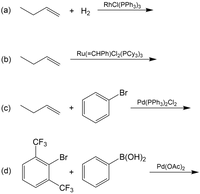 RhCI(PPH3)3
(a)
H2
Ru(=CHPH)Cl2(PCy3)3
(b)
Br
Pd(PPH3)2CI2
(c)
CF3
Br
B(OH)2
Pd(OAc)2
(d)
+
CF3
+
+
