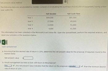 Net present value method
The following data are accumulated by Geddes Company in evaluating the purchase of $150,000 of equipment, having a four-
year useful life:
Year 1
Year 2
DO
Net Income
Net present value
$44,000
27,500
Year 3.
13,500
Year 4
4,000
This information has been collected in the Microsoft Excel Online file. Open the spreadsheet, perform the required analysis, and
input your answers in the questions below.
Net Cash Flow
$81,500
65,000
51,000
41,500
X
Open spreadsheet
a. Assuming that the desired rate of return is 10%, determine the net present value for the proposal. If required, round to the
nearest dollar.
b. Would management be likely to look with favor on the proposal?
Yes
✔, the net present value indicates that the return on the proposal is greater
rate of return of 10%.
than the minimum desired