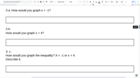 Search the menus (Alt+/)
Ą, ?
200%
Normal text
Arial
+ в I UA
11
1
2
3 a. How would you graph x < -1?
2 of 5
3 b.
How would you graph x > 4?
3. с.
How would you graph the inequality? X < -1 or x > 4.
Describe it.
