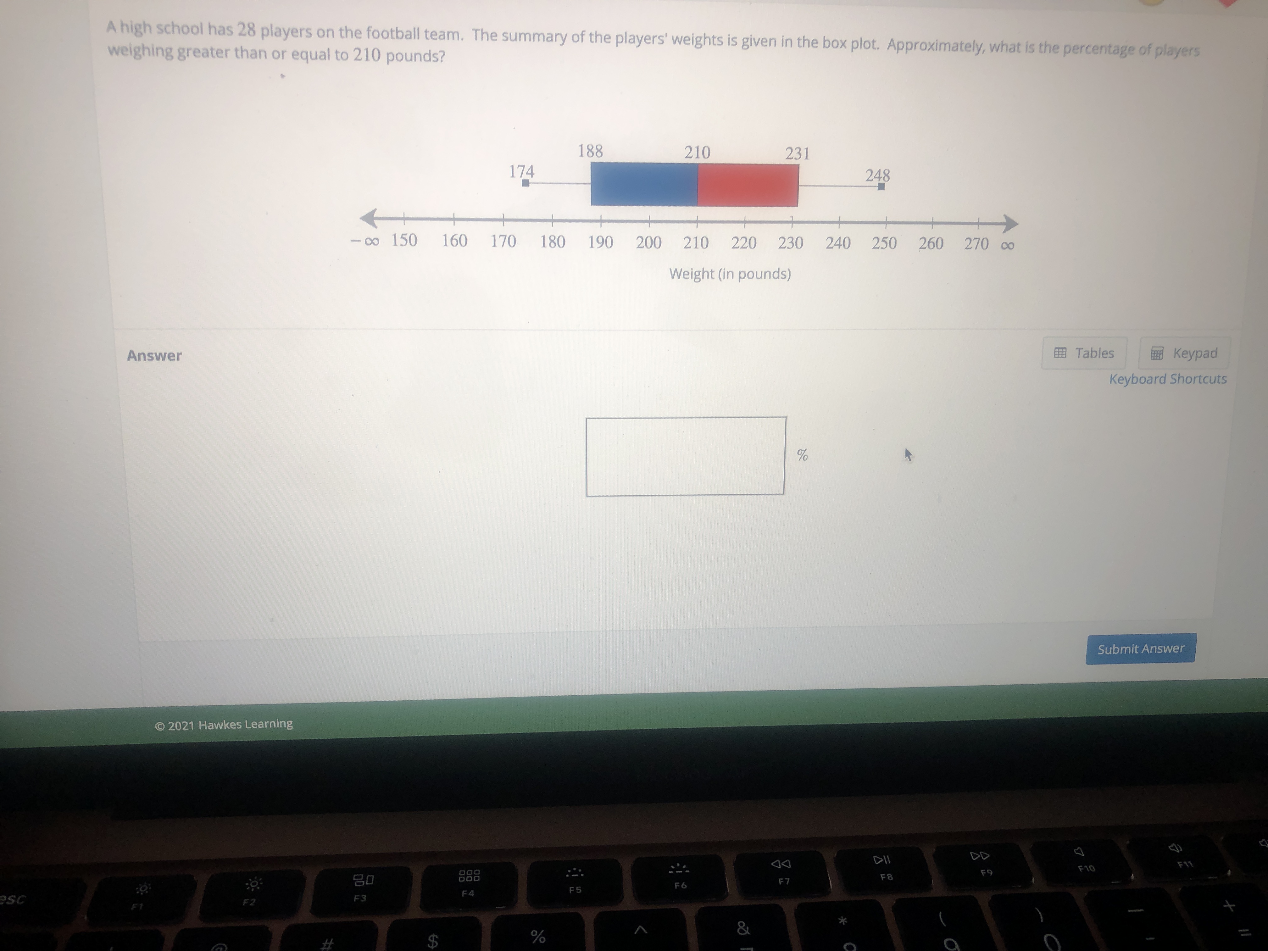 A high school has 28 players on the football team. The summary of the players' weights is given in the box plot. Approximately, what is the percentage of players
weighing greater than or equal to 210 pounds?
188
210
231
174
248
- 0o 150
160
170
180
190
200
210
220
230
240
250
260
270 00
Weight (in pounds)
