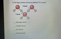 In the figure below, the bond labeled "X" is a (an)
X bond
H.
H.
Y bond
H.
hydrogen bond
covalent bond
ionic bond
neutron bond
