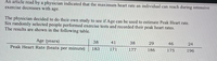 An article read by a physician indicated that the maximum heart rate an individual can reach during intensive
exercise decreases with age.
The physician decided to do their own study to see if Age can be used to estimate Peak Heart rate.
Six randomly selected people performed exercise tests and recorded their peak heart rates.
The results are shown in the following table.
Age (years)
Peak Heart Rate (beats per minute)
38
41
38
29
46
24
183
171
177
186
175
196
