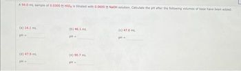 A 94.0 mL sample of 0.0300 M HIO4 is titrated with 0.0600 M NaOH solution. Calculate the pH after the following volumes of base have been added.
(a) 14.1 mL
pH =
(d) 47.9 mL
pH =
(b) 46.1 mL
pH =
(e) 90.7 ml
pH =
(c) 47.0 ml
pH =