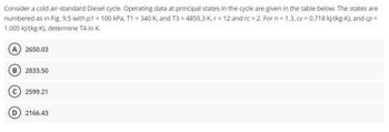 Consider a cold air-standard Diesel cycle. Operating data at principal states in the cycle are given in the table below. The states are
numbered as in Fig. 9.5 with p1 = 100 kPa, T1 = 340 K, and T3 = 4850.3 K, r = 12 and rc = 2. For n = 1.3, cv = 0.718 kJ/(kg-K), and cp =
1.005 kJ/(kg-K), determine T4 in K.
A 2650.03
B) 2833.50
C) 2599.21
D 2166.43