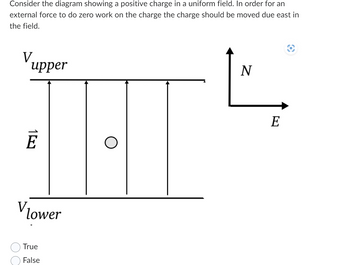 Consider the diagram showing a positive charge in a uniform field. In order for an
external force to do zero work on the charge the charge should be moved due east in
the field.
V
upper
E
Vlower
True
False
N
E