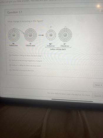 often will give you false answers. Your text and your
Question 17
What change is occurring in this figure?
Na
Sodium atom
Cl
Chlorine atom
O Chlorine is filling its third electron shell.
O Sodium is becoming negatively charged.
O Sodium is filling its third electron shell.
O Chlorine is losing an electron.
Na+
Sodium ion
CI™
Chloride ion
Sodium chloride (NaCl)
No new data to save. Last checked at 11:14pm
1
Next ▸
Submit C