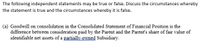 The following independent statements may be true or false. Discuss the circumstances whereby
the statement is true and the circumstances whereby it is false.
(a) Goodwill on consolidation in the Consolidated Statement of Financial Position is the
difference between consideration paid by the Parent and the Parent's share of fair value of
identifiable net assets of a partially-owned Subsidiary.
