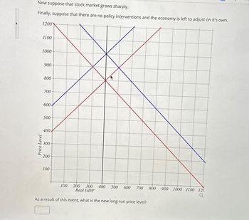 Now suppose that stock market grows sharply.
Finally, suppose that there are no policy interventions and the economy is left to adjust on it's own.
Price Level
1200*
1100-
1000
900-
800
700
600*
500
400-
300
200
100
200 300 400 500 600 700 800
Real GDP
As a result of this event, what is the new long-run price level?
100
900 1000 1100 120
20