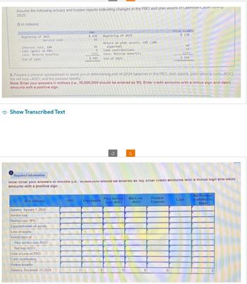 Assume the following actuary and trustee reports indicating changes in the PBO and plan assets of Lakeside Caule uuring
2025
($ in millions)
Beginning of 2025
Service cost
Interest cost, 10%
Loss (gain) on PB0
Less: Retiree benefits
End of 2025
Show Transcribed Text
($ in millions)
Balance, January 1, 2024
Service cost
Interest cost, 10%
Expected return on assets
Loss on assets
Amortization of
PBO
$ 420
45
Prior service cost-AOCI
Net loss-AOCI
Gain or Loss on PBO
Cash contributions
Retiree benefits
Balance, December 31, 2024
42
5
(23)
$ 409
PBO
3. Prepare a pension spreadsheet to assist you in determining end of 2024 balances in the PBO, plan assets, prior service cost-AOCI,
the net loss-AOCI, and the pension liability
Note: Enter your answers in millions (i.e., 10,000,000 should be entered as 10). Enter credit amounts with a minus sign and debit
amounts with a positive sign.
Beginning of 2025
Return on plan assets, 16% (10%)
expected)
Cash contributions
Less: Retiree benefits
End of 2025
Plan Assets
G
Required information
Note: Enter your answers in milions (Le., Iv,uuu,uuu snouia de entered as 10). Enter creart amounts with a minus sign and dedit
amounts with a positive sign.
U
Plan Assets
$ 250
Prior Service Net Loss
Cost-AOCI -AOCI
40
37
(23)
$ 304
Pension
Expense
Cash
Net Pension
(Liability) or
Asset