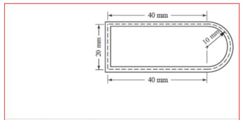 This diagram depicts a geometric shape consisting of a rectangle with a semicircular end. The measurements provided are as follows:

- The rectangular part has a length of 40 mm and a height of 20 mm.
- The semicircular end has a radius of 10 mm.
- Additionally, there are dotted lines indicating the internal boundary of the shape which is uniformly offset from the outer boundary.

Key measurements:
- The total horizontal length from one end of the rectangle to the curved edge of the semicircle is 80 mm.
- The internal offset from the outer boundary is 2 mm.

This diagram can be utilized to understand geometric shapes, properties of combined shapes (rectangles and semicircles), and methods to calculate areas or perimeters of such composite figures.