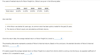 Five years of realized returns for Falcon Freight Inc. (Falcon) are given in the following table:
2016
2017
2018
2019
Stock return 16.25% 11.05% 19.50% 27.30%
Also note that:
2020
8.45%
1. While Falcon was started 40 years ago, common stock has been publicly traded for the past 25 years.
2. The returns on Falcon's equity are calculated as arithmetic returns.
Given this return data, the average realized return on Falcon Freight Inc.'s stock is
The preceding data series represents a sample of Falcon's historical returns. Based on this conclusion, the standard deviation of Falcon's historical
returns is
If investors expect the average realized return on Falcon Freight Inc.'s stock from 2016 to 2020 to continue into the future, its expected coefficient of
variation (CV) is expected to equal