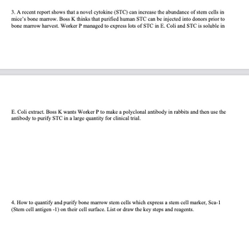 3. A recent report shows that a novel cytokine (STC) can increase the abundance of stem cells in
mice's bone marrow. Boss K thinks that purified human STC can be injected into donors prior to
bone marrow harvest. Worker P managed to express lots of STC in E. Coli and STC is soluble in
E. Coli extract. Boss K wants Worker P to make a polyclonal antibody in rabbits and then use the
antibody to purify STC in a large quantity for clinical trial.
4. How to quantify and purify bone marrow stem cells which express a stem cell marker, Sca-1
(Stem cell antigen-1) on their cell surface. List or draw the key steps and reagents.