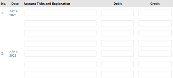 No. Date
July 1,
2025
1.
2.
July 1,
2025
Account Titles and Explanation
Debit
Credit