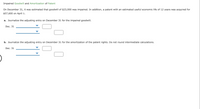 Impaired Goodwill and Amortization of Patent
On December 31, it was estimated that goodwill of $23,000 was impaired. In addition, a patent with an estimated useful economic life of 12 years was acquired for
$57,600 on April 1.
a. Journalize the adjusting entry on December 31 for the impaired goodwill.
Dec. 31
b. Journalize the adjusting entry on December 31 for the amortization of the patent rights. Do not round intermediate calculations.
Dec. 31
