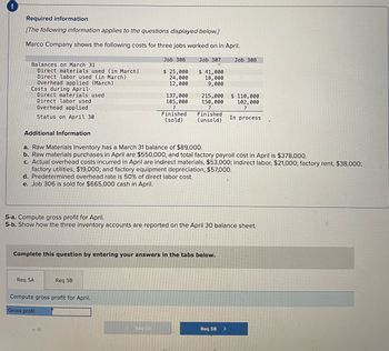 !
Required information
[The following information applies to the questions displayed below.]
Marco Company shows the following costs for three jobs worked on in April.
Balances on March 31
Direct materials used (in March)
Direct labor used (in March)
Overhead applied (March)
Costs during April.
Additional Information
Direct materials used
Direct labor used
Overhead applied
Status on April 30
Req 5A
Gross profit
Job 306
Req 5B
Compute gross profit for April.
$ 25,000
24,000
12,000
137,000
105,000
<Req5A
?
Finished
(sold)
a. Raw Materials Inventory has a March 31 balance of $89,000.
b. Raw materials purchases in April are $550,000, and total factory payroll cost in April is $378,000.
c. Actual overhead costs incurred in April are indirect materials, $53,000; indirect labor, $21,000; factory rent, $38,000;
factory utilities, $19,000; and factory equipment depreciation, $57,000.
d. Predetermined overhead rate is 50% of direct labor cost.
e. Job 306 is sold for $665,000 cash in April.
Job 307
$ 41,000
18,000
9,000
5-a. Compute gross profit for April.
5-b. Show how the three inventory accounts are reported on the April 30 balance sheet.
Complete this question by entering your answers in the tabs below.
215,000 $ 110,000
150,000
?
102,000
?
In process
Finished
(unsold)
Job 308
Req 5B
>