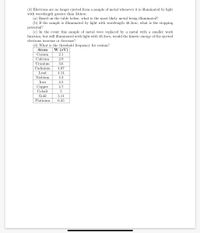 (4) Electrons are no longer ejected from a sample of metal whenever it is illuminated by light
with wavelength greater than 344nm.
(a) Based on the table below, what is the most likely metal being illuminated?
(b) If the sample is illuminated by light with wavelength 48.3nm, what is the stopping
potential?
(c) In the event this sample of metal were replaced by a metal with a smaller work
function, but still illuminated with light with 48.3nm, would the kinetic energy of the ejected
electrons increase or decrease?
(d) What is the threshold frequency for cesium?
W (eV)
Atom
Cesium
2.1
Calcium
2.9
Uranium
3.6
Cadmium
4.07
Lead
4.14
Niobium
4.3
Iron
4.5
Соpper
Cobalt
4.7
Gold
5.11
Platinum
6.35
