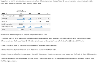 You perform an ANOVA to test that there are no main effects of factor A, no main effects of factor B, and no interaction between factors A and B.
Some of the results are presented in the following ANOVA table.
Source
Between treatments
Factor A
Factor B
A X B interaction
Within treatments
Total
ANOVA Table
SS
6.5667
0.0667
12.1667
df
5
29
MS
4.0333
1.2334
F
17.29
5.29
Work through the following steps to complete the preceding ANOVA table.
1. The main effect for factor A evaluates the mean differences between the levels of factor A. The main effect for factor B evaluates the mean
differences between the levels of factor B. Select the correct values for the sums of squares for factors A and B in the ANOVA table.
2. Select the correct value for the within-treatments sum of squares in the ANOVA table.
3. Select the correct degrees of freedom for all the sums of squares in the ANOVA table.
4. Select the correct values for the mean square due to A X B interaction, the within treatments mean square, and the F-ratio for the A X B interaction.
5. Use the results from the completed ANOVA table and the F distribution table (click on the following dropdown menu to access the table) to make
the following conclusions.