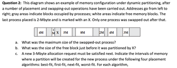 Question 2: This diagram shows an example of memory configuration under dynamic partitioning, after
a number of placement and swapping-out operations have been carried out. Addresses go from left to
right; gray areas indicate blocks occupied by processes; white areas indicate free memory blocks. The
last process placed is 2-Mbyte and is marked with an X. Only one process was swapped out after that.
4M
M X 5M
8M
2M 4M
3M
a. What was the maximum size of the swapped-out process?
b. What was the size of the free block just before it was partitioned by X?
C.
A new 3-Mbyte allocation request must be satisfied next. Indicate the intervals of memory
where a partition will be created for the new process under the following four placement
algorithms: best-fit, first-fit, next-fit, worst-fit. For each algorithm,