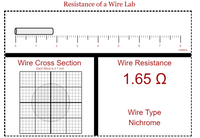 **Resistance of a Wire Lab**

---

**Overview:**
This visual presents data for a lab exploring the resistance of a wire. The information provided includes measurements of wire length, wire cross-section, resistance, and wire type.

---

**Wire Length:**
- The diagram includes a horizontal ruler with measurements from 0 to 8 meters.
- The wire is indicated to be between the 0 and 8-meter marks.

**Wire Cross Section:**
- The depiction shows a circular cross section of the wire superimposed on a grid.
- Each block of the grid represents 0.1 mm.
- The cross-section diagram helps in calculating the wire's diameter to determine its area, which is crucial for resistance calculations.

**Wire Resistance:**
- The resistance of the wire is specified as 1.65 Ω (Ohms).

**Wire Type:**
- The wire is identified as being made of Nichrome.

---

This lab setup can be used in educational contexts to teach students how to measure and calculate the resistance of a wire, and the importance of factors such as wire length, cross-sectional area, and material type in determining electrical resistance.