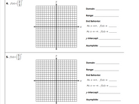 y
4. ƒ(x)=|
Domain:
Range:
End Behavior:
As x→0, f(x)→
As x→-0,f(x)→
у-intercept:
Asymptote:
5. f(x)=|
Domain:
Range:
End Behavior:
As x→0, f(x) →
As x→-0, ƒ(x)→
у-intercept:
Asymptote:
