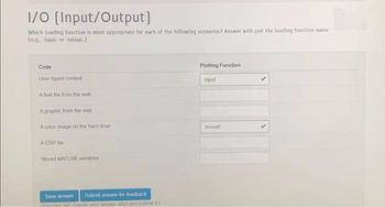 1/0 [Input/Output)
Which loading function is most appropriate for each of the following scenarios? Answer with just the loading function name
(e.g., trout or Inread.)
Code
User-typed content
A text file from the web
A graphic from the web
A color image on the hard drive
A CSV file
Stored MATLAB variables
Save answer Submit answer for feedback
may still change your answer after you submit it)
Plotting Function
imput
imread