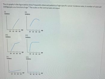 The six graphs in the figure below show frequently observed patterns of age-specific cancer incidence rates, in number of cases per
1000people, as a function of age. The scales on the vertical axes are equal.
(11)
incidence
KC
20 40 60 80
Incidence
(111)
incidence
20 40 60 80
M
Incidence
age
20 40 60 80
age
20 40 60 80
(IV)
Incidence
r
20 40 60 80
(VI)
Incidence
20 40 60 80
age
age
age