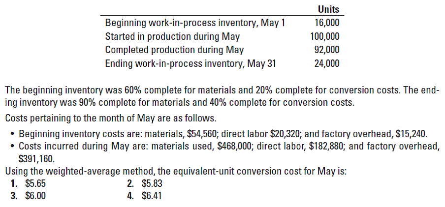 Units
Beginning work-in-process inventory, May 1
Started in production during May
Completed production during May
Ending work-in-process inventory, May 31
16,000
100,000
92,000
24,000
The beginning inventory was 60% complete for materials and 20% complete for conversion costs. The end-
ing inventory was 90% complete for materials and 40% complete for conversion costs.
Costs pertaining to the month of May are as follows.
• Beginning inventory costs are: materials, $54,560; direct labor $20,320; and factory overhead, $15,240.
• Costs incurred during May are: materials used, $468,000; direct labor, $182,880; and factory overhead,
$391,160.
Using the weighted-average method, the equivalent-unit conversion cost for May is:
1. $5.65
3. $6.00
2. $5.83
4. $6.41
