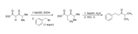 This image depicts a chemical reaction sequence involving two main steps:

1. **First Reaction Step**:
   - Starting with ethyl acetoacetate (ethyl 3-oxobutanoate), the compound undergoes a reaction with sodium ethoxide (NaOEt) in ethanol (EtOH).
   - A phenyl derivative (bromobenzene, Br with a phenyl ring) is then added in one equivalent to the reaction.
   - This results in the substitution of the ethyl acetoacetate, forming a new compound featuring an added phenyl group.

2. **Second Reaction Step**:
   - The synthesized compound is treated with sodium hydroxide (NaOH) in water (H₂O).
   - Hydrochloric acid (HCl) is then introduced, with the reaction taking place under heat (represented by the delta symbol, Δ).
   - This leads to the decarboxylation of the compound, producing a ketone with a phenyl group and a methyl branching chain.

The sequence captures a classic synthetic route often utilized in organic chemistry to construct more complex molecules from simpler starting components.