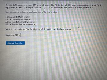 Oxnard College reports your GPA on a 4.0 scale. The "4" in the 4.0 GPA scale is equivalent to an A, "3" is
equivalent to a B, "2" is equivalent to a C, "1" is equivalent to a D, and "0" is equivalent to a F.
Last semester, a student recieved the following grades
F in a 2 units Math course
C in a 2 units Music course
A in a 4 units Chemistry course
D in a 3 units Journalism course
What is the student's GPA for that term? Round to two decimal places.
Student's GPA =
Submit Question
E