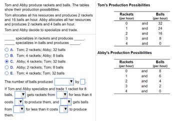 Tom and Abby produce rackets and balls. The tables
show their production possibilities.
Tom allocates all his resources and produces 2 rackets
and 16 balls an hour. Abby allocates all her resources
and produces 2 rackets and 4 balls an hour.
Tom and Abby decide to specialize and trade.
specializes in rackets and produces
specializes in balls and produces
A. Tom; 2 rackets; Abby; 32 balls
B. Tom; 4 rackets; Abby; 8 balls
C. Abby; 4 rackets; Tom; 32 balls
D. Abby; 2 rackets; Tom; 8 balls
E. Tom; 4 rackets; Tom; 32 balls
The number of balls produced
by
If Tom and Abby specialize and trade 1 racket for 8
balls.
gets rackets from
for less than it
costs
gets balls
from
to produce
them.
to produce them, and
for less than it costs
Tom's Production Possibilities
Rackets
(per hour)
0
1
2
3
4
Abby's Production Possibilities
Rackets
(per hour)
0123
and
and
and
and
and
4
and
and
and
and
and
Balls
(per hour)
32
24
16
8
0
Balls
(per hour)
8
006 NO
4
2
0