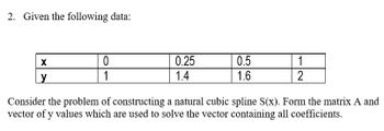 2. Given the following data:
X
y
0
1
0.25
1.4
0.5
1.6
1
2
Consider the problem of constructing a natural cubic spline S(x). Form the matrix A and
vector of y values which are used to solve the vector containing all coefficients.