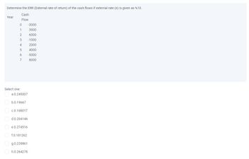 Determine the ERR (External rate of return) of the cash flows if external rate (e) is given as %10.
Cash
Flow
Year
0
1
2
3
4
5
6
7
Select one:
a.0.245007
b.0.19667
c.0.168017
d.0.204146
e.0.274516
f.0.181262
g.0.228861
h.0.264278
-3000
3000
6000
-1000
2000
4000
-5000
8000