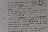 Provide expressions for the electric
the electric potential V(r) at a positionr relative
to a point charge q. Draw a figure showing the
charge and the vector r clearly.
positio
