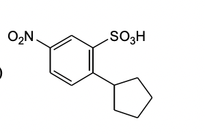 The image depicts a chemical structure with the following components:

- A benzene ring, which is a hexagonal arrangement of carbon atoms with alternating double bonds.
- Attached to the benzene ring, there is a nitro group (NO₂) and a sulfonic acid group (SO₃H).
- A cyclopentane ring is connected to the benzene ring. It is a five-membered carbon ring with single bonds.

This structure could represent a substituted aromatic compound with specific functional groups influencing its chemical properties and reactivity.