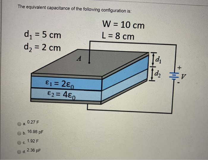 The equivalent capacitance of the following configuration is:
W = 10 cm
L = 8 cm
d, = 5 cm
d2 = 2 cm
%3D
E1 = 2ɛ0
E2 = 4ɛ0
%3D
0.27 F
a.
ь. 16.98 pF
1.92 F
C.
d.
2.36 pF
