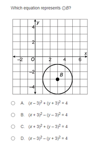 Which equation represents OB?
ty
4
-2
2
-2
O A. (x- 3)2 + (y + 3)2 = 4
о в (x+3)2- (у- 3)2 - 4
O C. (x+ 3)2 + (y – 3)2 = 4
O D. (x- 3)2 – (y + 3)2 = 4
XA
N
