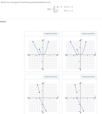 Identify the correct graph of the following piecewise-defined function.
-2x - 4
if x < -2
w(x) =
if x> -2
Answer
Enable Zoom/Pan
Enable Zoom/Pan
Enable Zoom/Pan
Enable Zoom/Pan
-4
-4
HA
