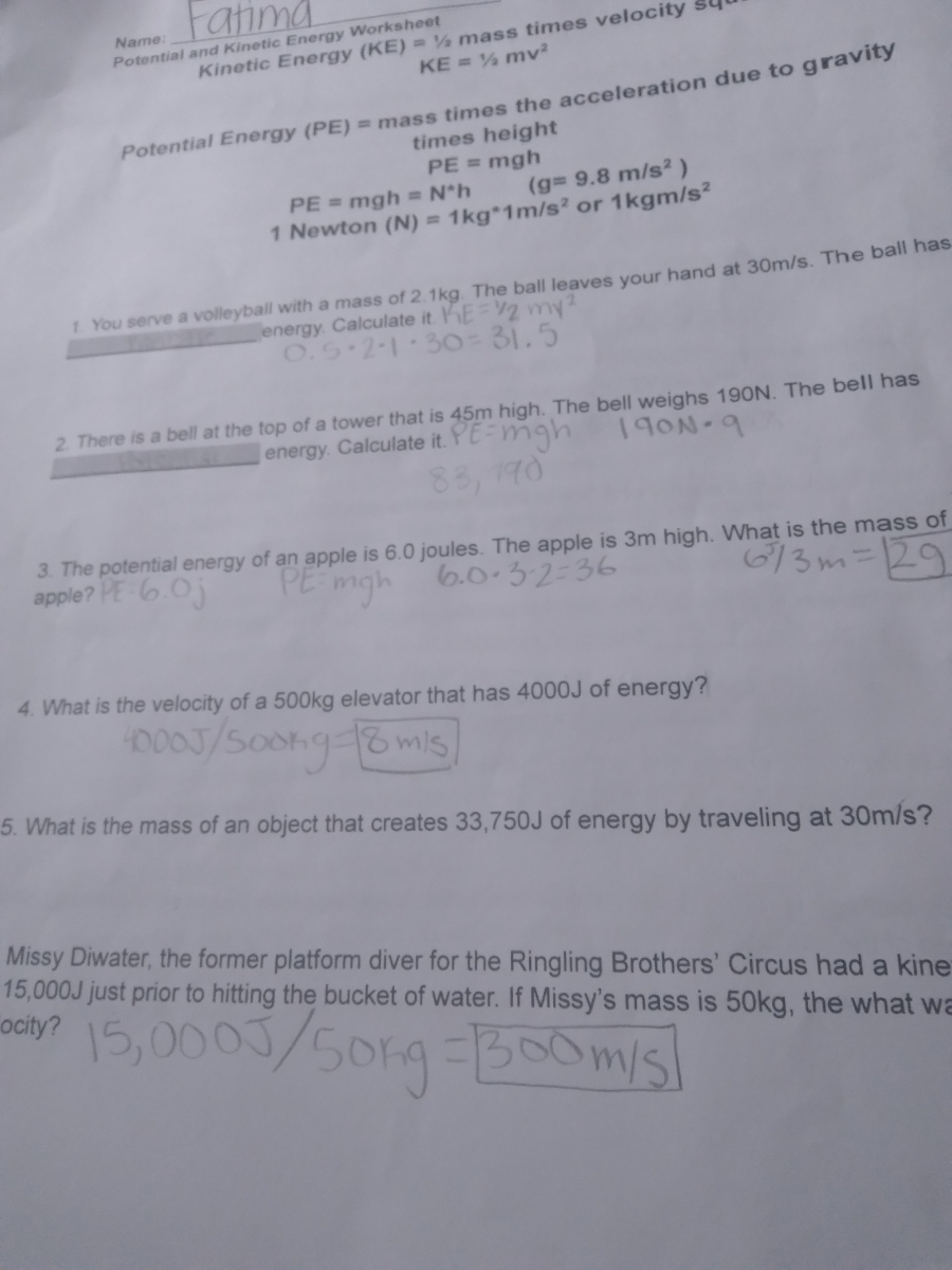 Answered: POTENTIAL & KINETIC ENERGIES WORKSHEET…