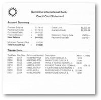 Sunshine International Bank
Credit Card Statement
Account Summary
Previous Balance
Payments/Credits
Purchases/Debits
Finance Charges
New Balance
$174.10
$174.10
$441.92
$0.00
$441.92
Credit Limit
$2,500.00
$2,058.08
Available Credit
+
Statement Closing Date
Payment Due Date
03/25/-
04/16/-
+
%3D
Minimum Payment Due
Total Amount Due
$10.00
$10.00
Transactions
TranDate PostDate Reference Number Description
Debits Credits
03/04
03/04
03/04
03/09
03/10
03/11
03/20
03/24
40139NOJFAAB
46916G0OHPZN
WAL-MART GRIDLEY, IL
MANNY'S GAS EUREKA, IL
TRIPLE A TOWING NORMAL, IL
PAYMENT THANK YOU PEORIA IL
5.23
21.00
03/04
03/09
03/10
03/11
03/20
03/21
42337J03PJ88
69.00
44320NLJ02RP
-174.10
44300JSBZRLP
7-ELEVEN #808 WASHINGTON, IL
RIVERSIDE MED CTR PEORIA, IL 321.90
MANNY'S GAS EUREKA, IL
6.79
44101JKBRLL
45133LMSDAB
18.00
