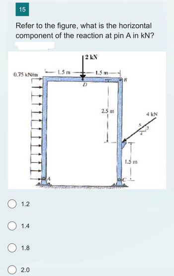 15
Refer to the figure, what is the horizontal
component of the reaction at pin A in kN?
0.75 kN/m
1.2
O 1.4
1.8
2.0
A
1.5 m
| 2 kN
D
1.5 m-
2.5 m
B
1.5 m
4 kN