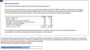 Required information
[The following information applies to the questions displayed below.]
Cane Company manufactures two products called Alpha and Beta that sell for $185 and $150, respectively. Each product
uses only one type of raw material that costs $8 per pound. The company has the capacity to annually produce 119,000
units of each product. Its average cost per unit for each product at this level of activity is given below:
Direct materials
Direct labor
Variable manufacturing overhead
Traceable fixed manufacturing overhead
Variable selling expenses
Common fixed expenses
Total cost per unit
Alpha
$40
33
20
28
25
28
$174
Maximum price to be paid per pound
Beta
$ 24
28
18
31
21
23
$ 145
The company's traceable fixed manufacturing overhead is avoidable, whereas its common fixed expenses are
unavoidable and have been allocated to products based on sales dollars.
15. Assume Cane's customers would buy a maximum of 93,000 units of Alpha and 73,000 units of Beta. Also assume the company's
raw material available for production is limited to 227,000 pounds. If Cane uses its 227,000 pounds of raw materials, up to how much
should it be willing to pay per pound for additional raw materials?
Note: Round your answer to 2 decimal places.