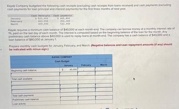 25
Kayak Company budgeted the following cash receipts (excluding cash receipts from loans received) and cash payments (excluding
cash payments for loan principal and interest payments) for the first three months of next year.
January
February
March
Cash Receipts Cash payments
$ 523,000
403,500
459,000
$ 469,800
350,300
522,000
Kayak requires a minimum cash balance of $40,000 at each month-end. The company can borrow money at a monthly interest rate of
1%, paid on the last day of each month. The interest is computed based on the beginning balance of the loan for the month. Any
preliminary cash balance above $40,000 is used to repay loans at month-end. The company has a cash balance of $40,000 and a
loan balance of $80,000 at January 1.
Prepare monthly cash budgets for January, February, and March. (Negative balances and Loan repayment amounts (if any) should
be indicated with minus sign.)
Beginning cash balance
Total cash available
Total cash payments
Preliminary cash balance
Loan activity
KAYAK COMPANY
Cash Budget
January
February
March
$
40,000