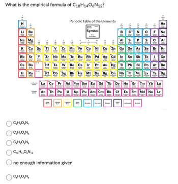 What is the empirical formula of C₁8H1406N12?
FR = 2|||||||-
Li Be
CHI
Na Mg
Pelan
Rb Sr
Caurs
Ba
Bater
Fr Ra
Plades
C₂H₂O₂N,
C₂H₂O₂N₁
C₂H₂O₂N₁
C18H14O6N12
C₂H₂O₂N
Sc Ti
Sonden
57.75
15-103
Series
4
NB
Zr
5
50
30.10
G
VIB
65
Periodic Table of the Elements
Abo
Narber
Symbol
104 105
Rf
7
VIB
7185
26
Cr Mn Fe
L
54.338
Nb Mo Tc Ru Rh Pd Ag Cd
ME
10
Traition
no enough information given
28
65.38
Back
Mela
13
IBA
B
Al
Newell
Cafun
19223
14
IVA
C
Si
NG
105
109 110 11
112
Db Sg Bh Hs Mt Ds Rg Cn Nh Fl
La Ce Pr Nd Pm Sm Eu Gd Tb Dy Ho
140
Hf Ta W Re Os Ir Pt Au Hg Tl Pb Bi
M
32 234 23
50+42+
Ge As
15
VA
SA
Sn Sb
Lentionide
16
VIA
N O F Ne
24.200
17
VIIA
7A
Te
100
Ac Th Pa U Np Pu Am Cm Bk Cf Es Fm Md No
28304
VIA
RA
He
M
Chose
3454862 35644L 36
Se Br
TREH
18
Ar
2018
Kr
wyb
Xe
LIGH
$44/45
Po At Rn
117 115 con
Mc Lv Ts Og
Er Tm Yb Lu
HOM