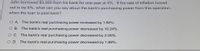 John borrowed $3,000 from his bank for one year at 4%. If the rate of inflation turned
out to be 6%, what can you say about the bank's purchasing power from this operation,
when the loan is paid back?
OA.
The bank's real purchasing power increased by 1.92%.
O B.
The bank's real purchasing power decreased by 10.24%.
O C. The bank's real purchasing power decreased by 2.00%.
O D. The bank's real purchasing power decreased by 1.89%.
