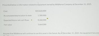 Presented below is information related to equipment owned by Wildhorse Company at December 31, 2025.
Cost
Accumulated depreciation to date
Expected future net cash flows
Fair value
$10,620,000
1,180,000
8,260,000
5,664,000
Assume that Wildhorse will continue to use this asset in the future. As of December 31, 2025, the equipment has a rer