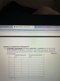 EMPIRICAL (0BSERVED) PROBABILITY:
6. Probability Experiment: Roll two 6-sided dice, or simulate the roll of two dice
using a computer or calculator. Variable, X sum of the sides face up. Repeat the
experiment at least 50 rolls of the two dice. Write probabilities P(x) rounded to 4
decimal places.
Observed
