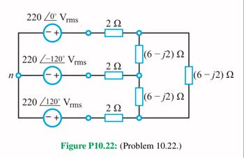 η
220 /0° Vrms
+
220 /-120° Vrms
220 /120° Vrms
+
2 Ω
2 Ω
2 Ω
(6 – j2) Ω
-
Π6-12) Ω
(6-j2) 2
Figure P10.22: (Problem 10.22.)