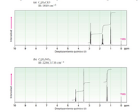 (a) C4H¬CIO
IR: 1810 cm-1
TMS
10
9.
8.
6
3
O ppm
Desplazamiento químico (8)
(b) C5H¬NO2
IR: 2250, 1735 cm-1
TMS
10
8.
7
6
1
O ppm
Desplazamiento químico (8)
Intensidad
Intensidad
3.
2-
