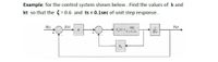 Example: for the control system shown below. Find the values of k and
kt so that the 3 = 0.6 and ts = 0.1sec of unit step response.
R(s)
E(s)
Y(s)
100
G,(s) =+0.2s
K
20s
K,
